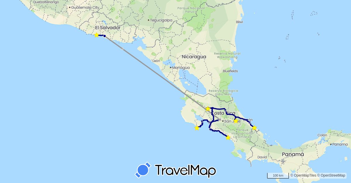 TravelMap itinerary: driving, plane in Costa Rica, El Salvador (North America)